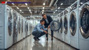 Buyers examining commercial laundry equipment in an appliance showroom.