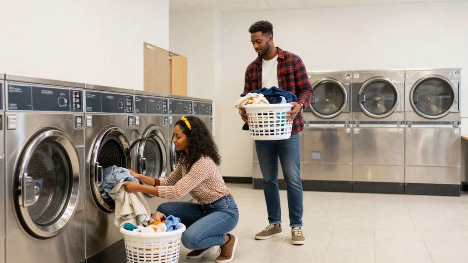 Two college students using commercial laundry equipment in a modern laundry room.