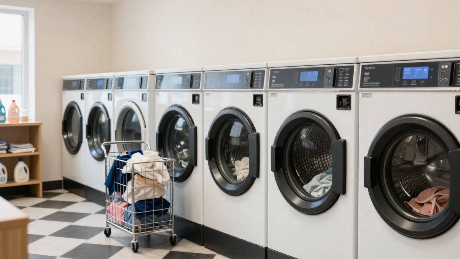 Row of commercial washing machines operating.