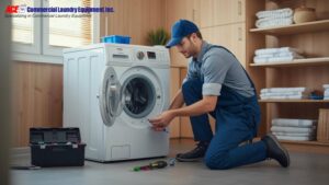 Technician repairing a front-load commercial laundry machine with tools on the floor.