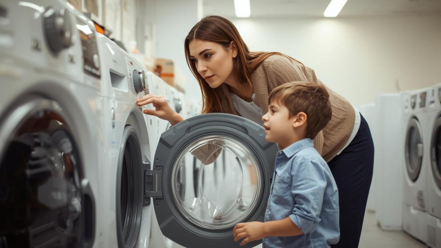 Woman and child inspecting a front-load commercial laundry machine.
