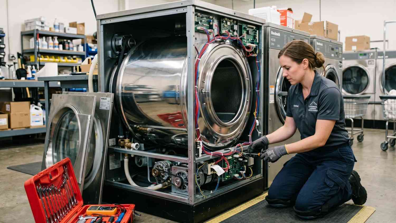Technician performing maintenance on a commercial laundry machine.