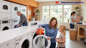 Residents using commercial washing machines in a clean apartment laundry room.