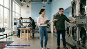 A customer and a seller discussing features of commercial laundry machines in a laundromat.
