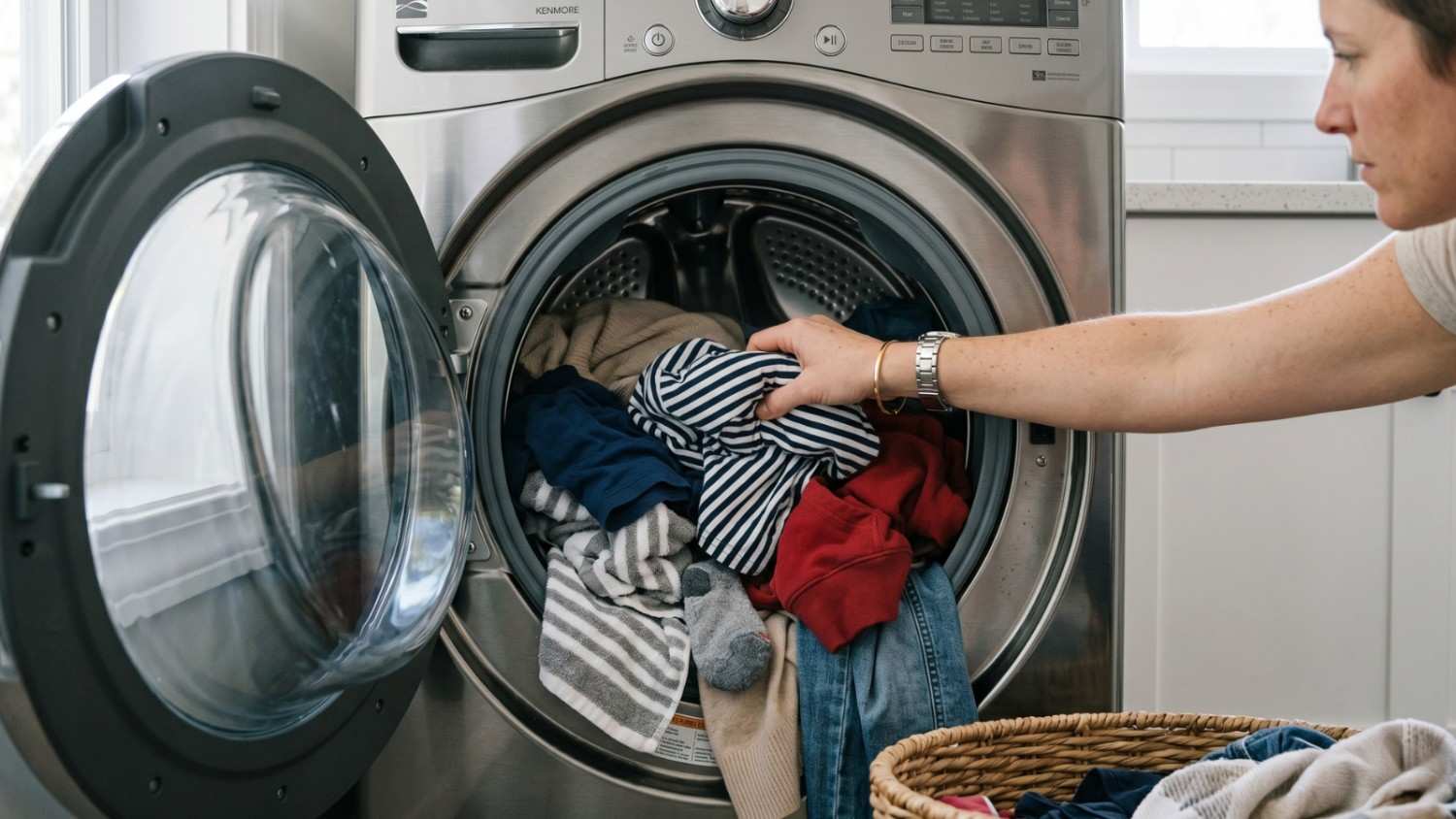 Resident loading laundry into a modern home washing machine.