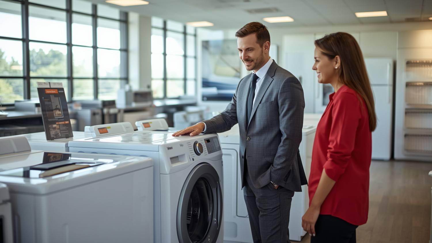 A man in a gray suit inspects a commercial laundry machine, while a woman in a red shirt explains its features to him.