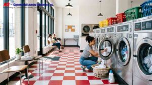 Row of commercial laundry machines in use with a customer loading clothes.