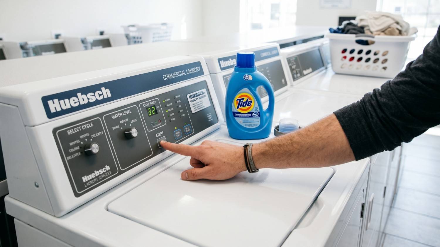 Commercial laundry equipment in a multifamily laundry room with a person starting a top-load washer.