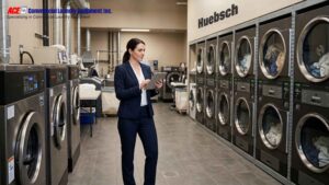 Professional manager evaluating rows of commercial washers and dryers in a commercial laundry facility.
