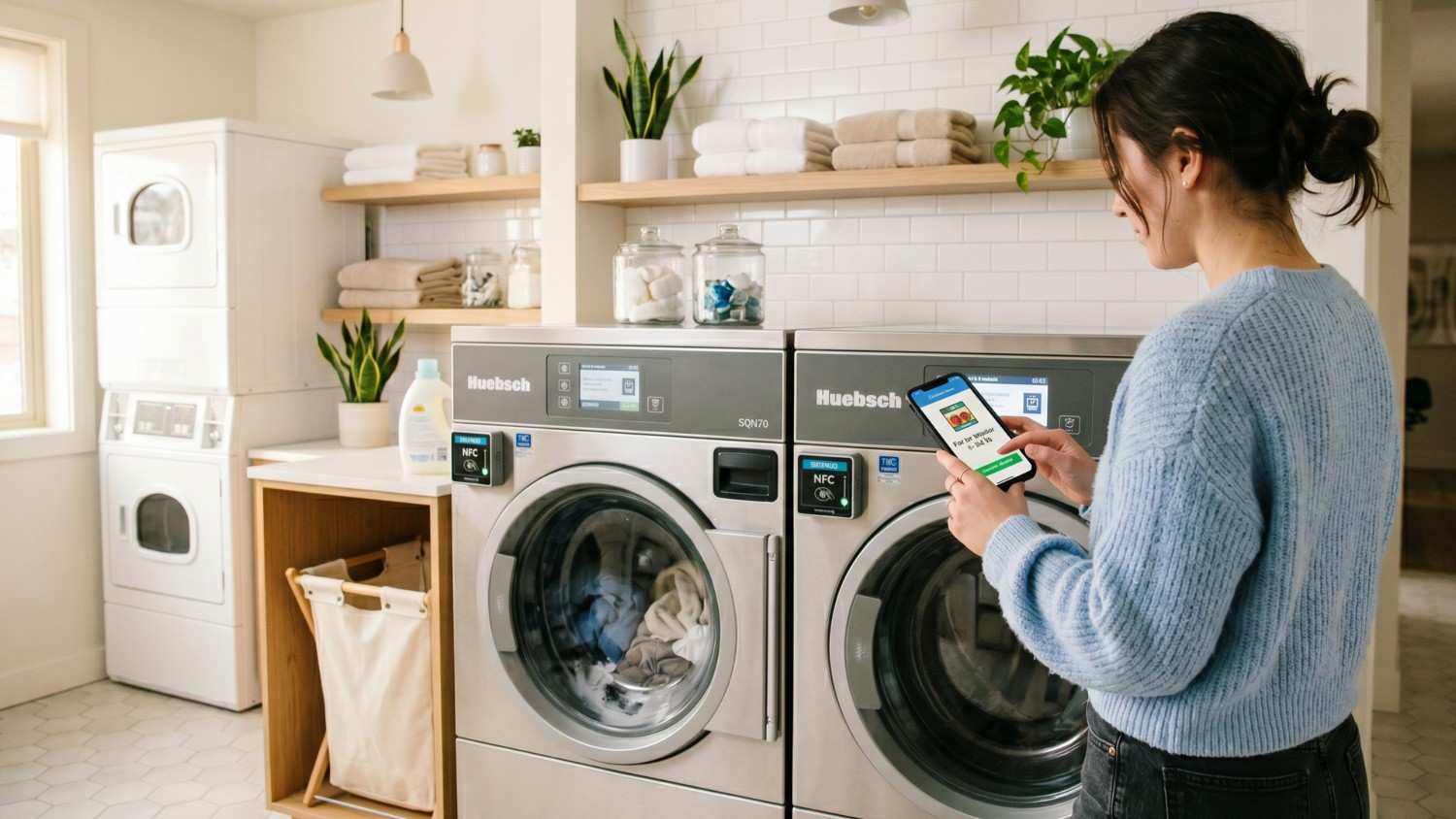Resident using a smartphone to pay for laundry.