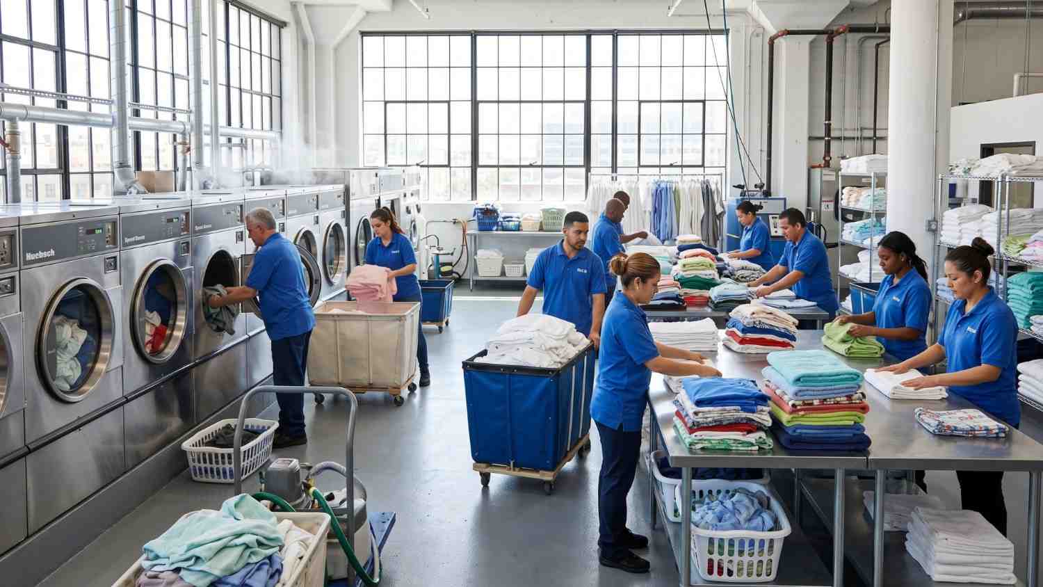 Staff members working in a busy commercial laundry room.