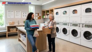 Two apartment residents standing in a modern laundry room.