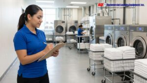Laundry staff member reviewing equipment performance in a commercial laundry room.