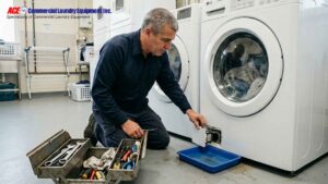 Technician inspecting the drain filter on a commercial front-load washing machine.