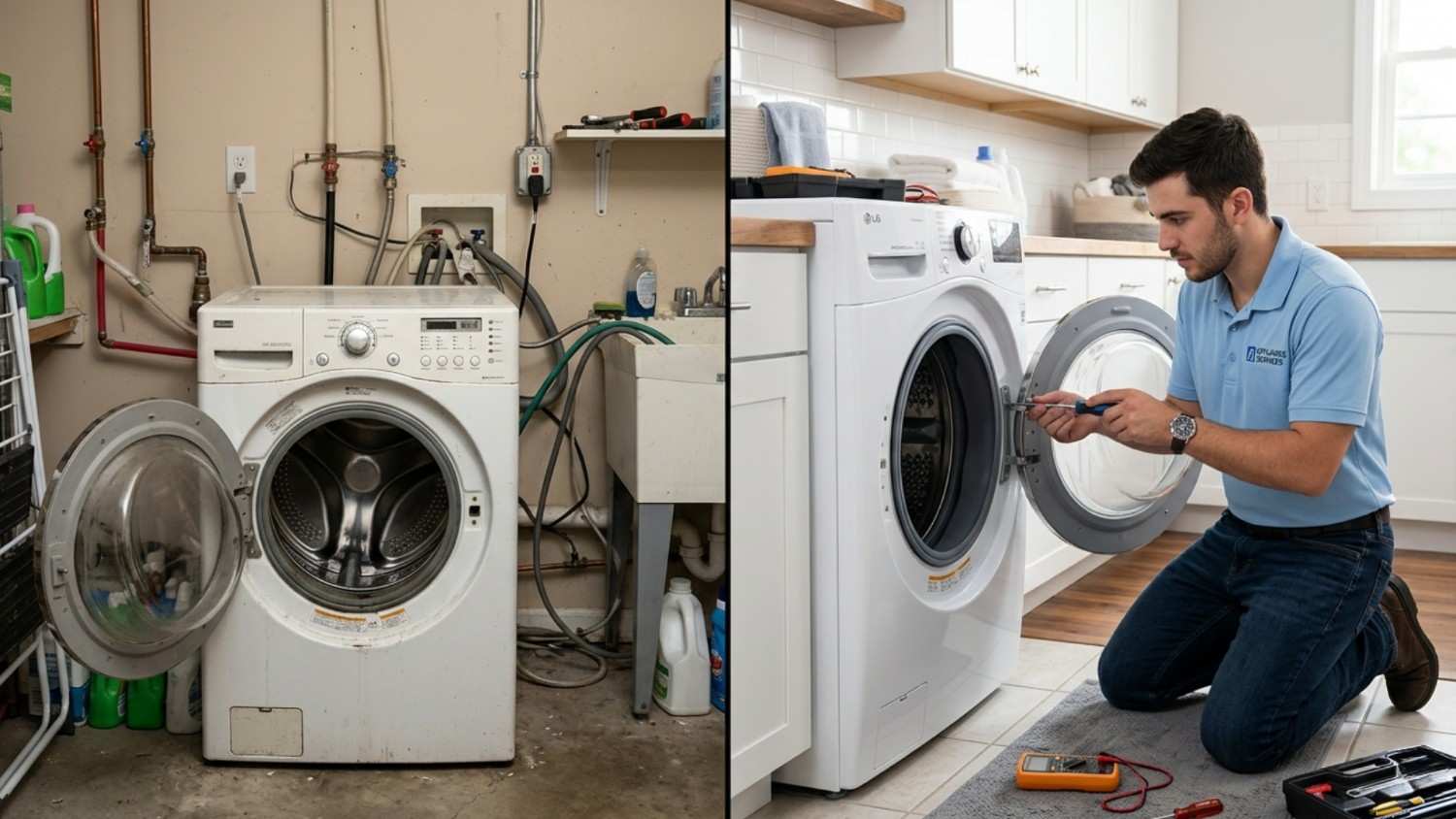 Technician repairing a front-load washer next to an older laundry machine comparison.