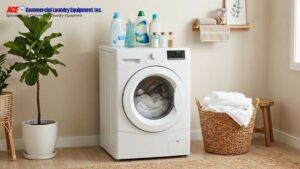 Commercial laundry machine with detergent bottles, folded towels, and laundry room supplies.