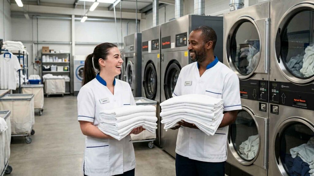 Hotel staff members handling towels and linens near large commercial laundry equipment.