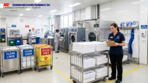 Hospital laundry staff member checks inventory.