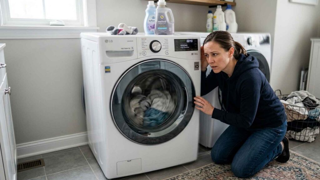 Woman kneeling beside a front-load washer and listening for noise or vibration issues.