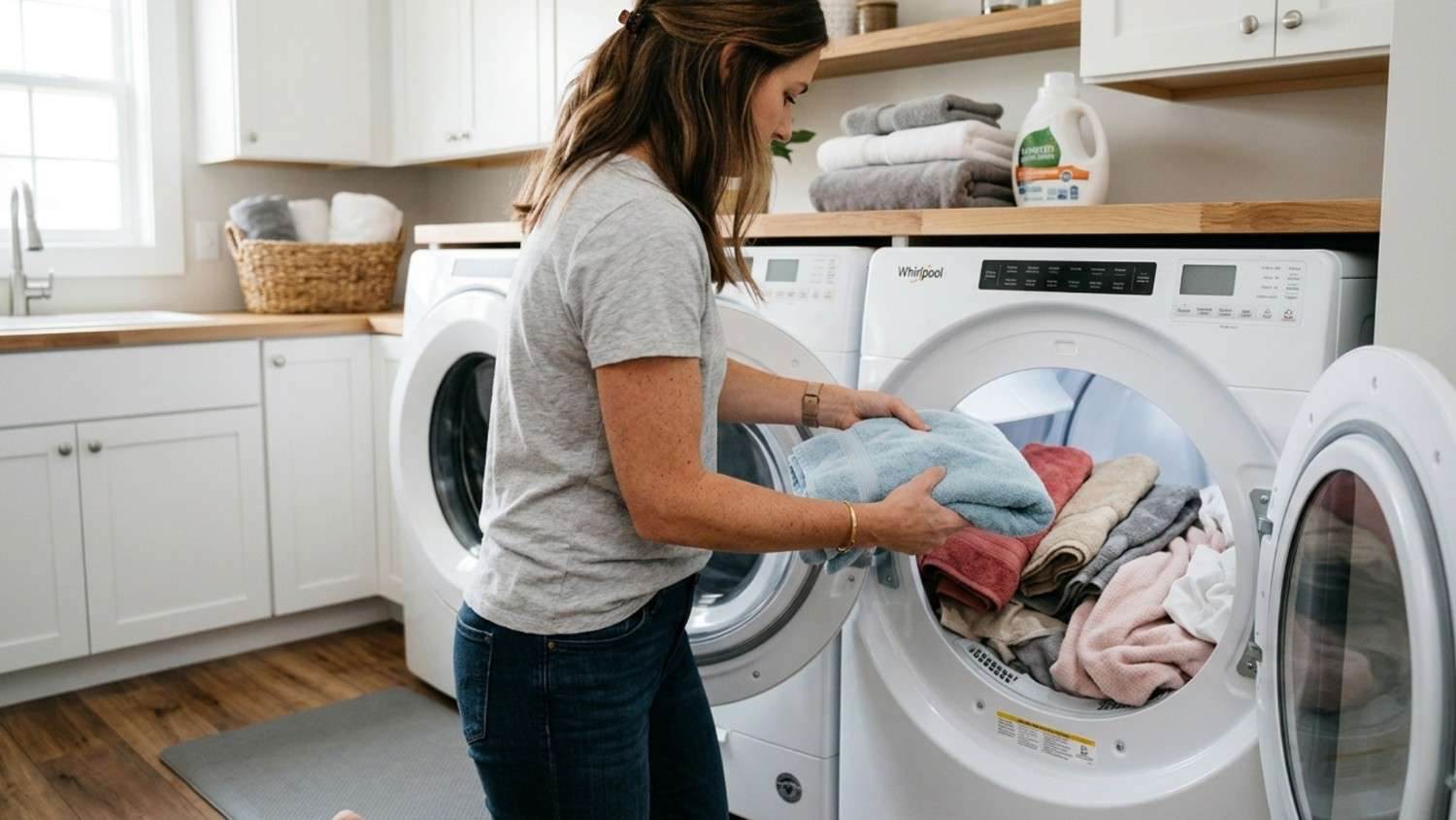 Towels being loaded into a large front-load dryer.
