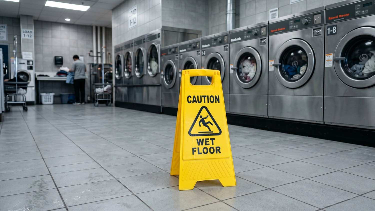 Wet floor caution sign placed in front of commercial laundry machines inside a laundry facility.