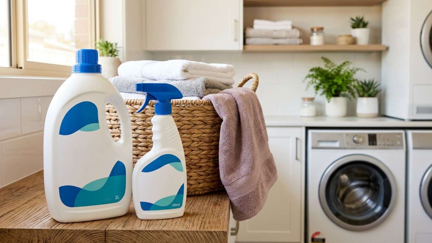 Detergent and disinfectant bottles on a wooden counter with clean towels and washers.