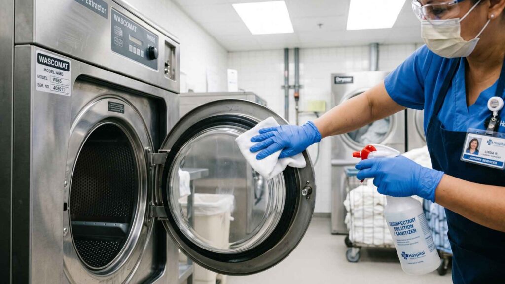 Staff member sanitizes hospital laundry equipment with a cloth and disinfectant spray.