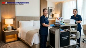 wo hotel housekeeping employees stand beside a laundry cart with fresh linens and cleaning supplies.