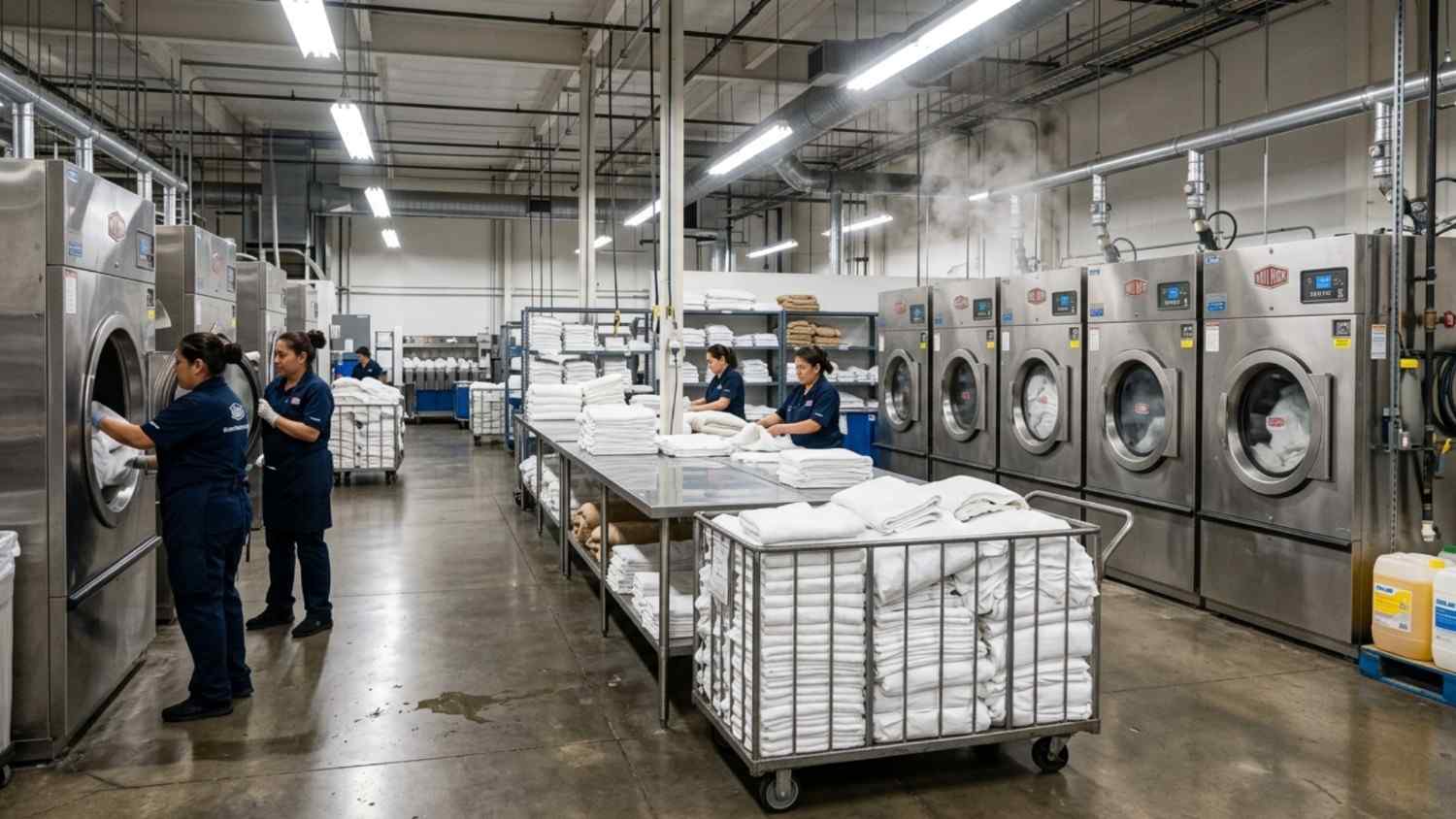 Commercial laundry facility with staff processing hotel linens in industrial washers and dryers.