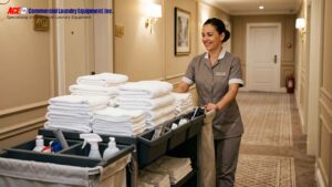 Hotel housekeeper pushing a cart filled with clean white towels and linens through a hotel hallway.