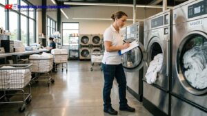 Facility manager inspecting commercial laundry equipment and recording machine checks.