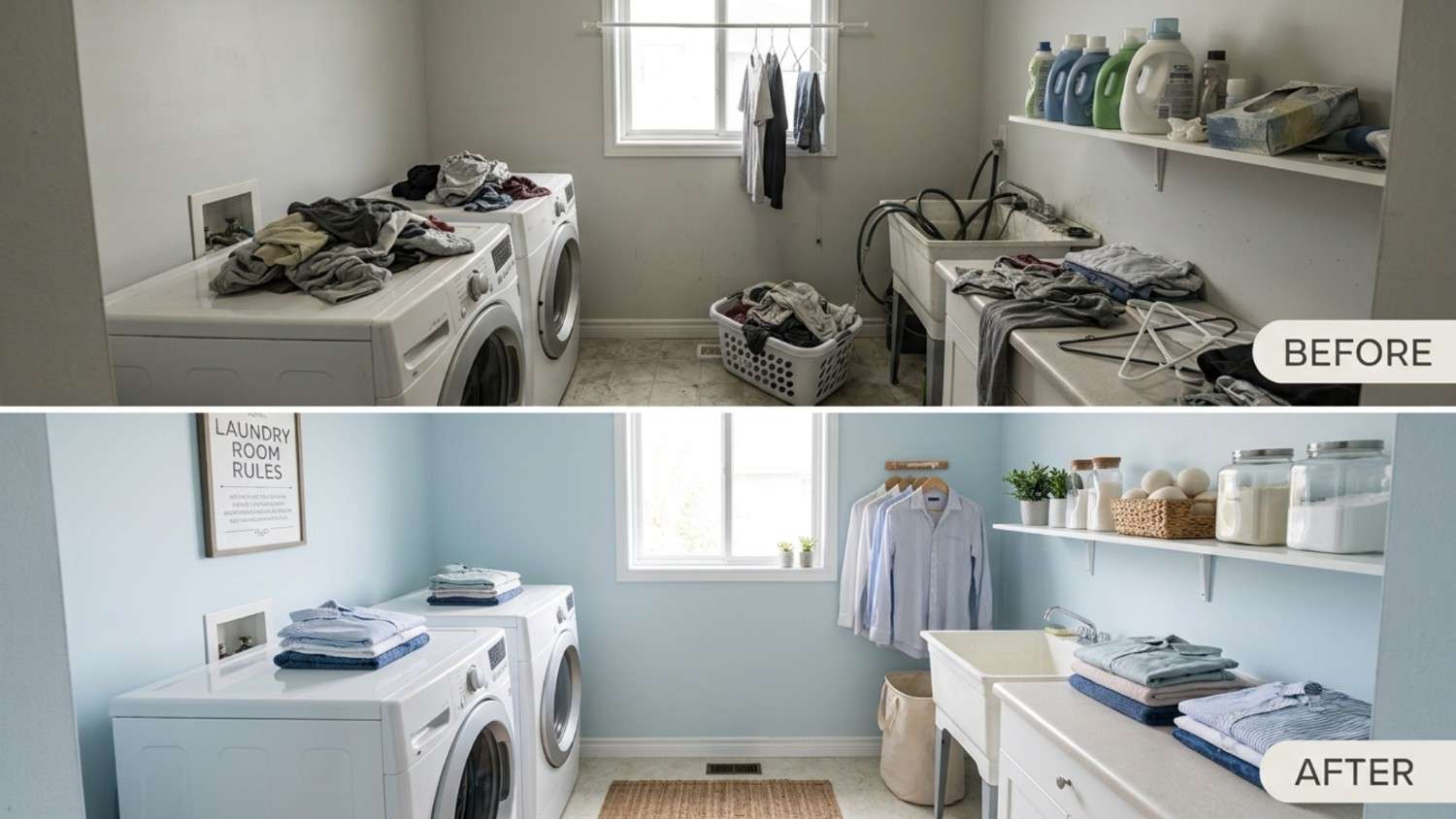 Before and after image of a shared laundry room showing cluttered machines vs a cleaner room with posted laundry room rules.