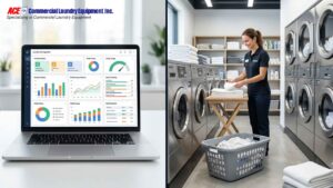 Laundry management software dashboard shown next to commercial laundry machines.