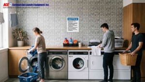Residents using a shared apartment laundry room with posted laundry room rules above commercial washers and dryers.