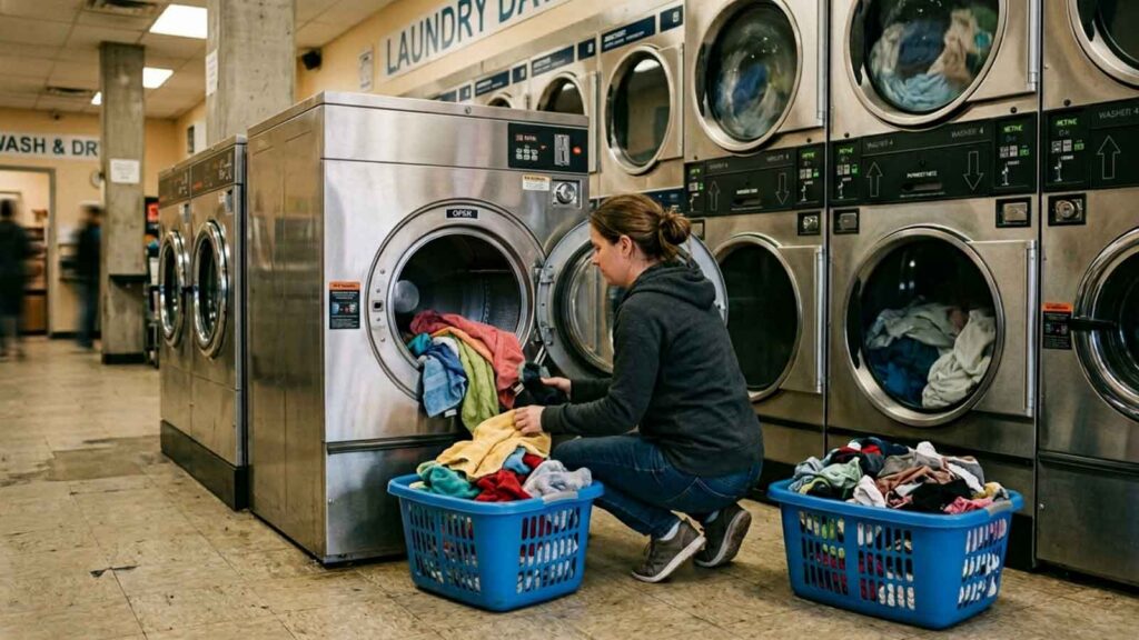 Customer using large-capacity commercial laundry machines in a self-service laundromat.