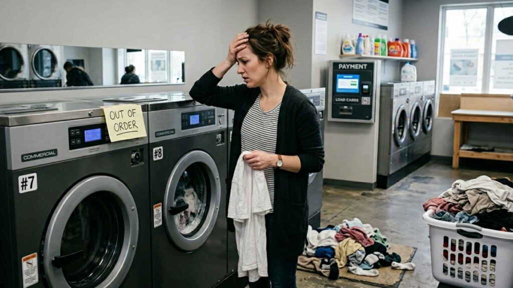 Out-of-order commercial washer causing delays for a customer in a busy laundromat.