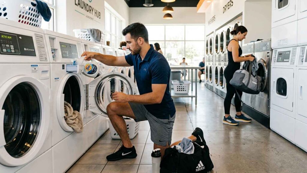 Gym members washing athletic clothes and towels in a clean commercial laundry room.