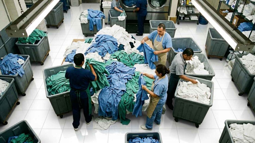 Overhead view of healthcare laundry workers organizing scrubs, gowns, and linens in a hospital laundry room.