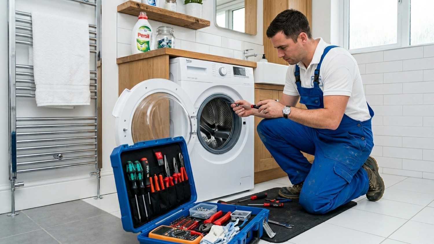 Laundry technician inspecting a washer drum during a repair visit.