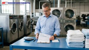 Man reviewing a commercial laundry equipment quote.