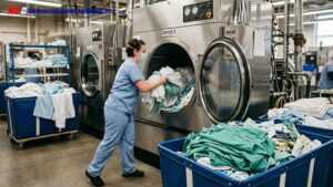 Hospital laundry worker loading linens into an industrial dryer in a healthcare laundry facility.