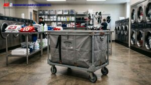 Commercial laundry cart with athletic uniforms inside a school sports laundry facility.