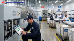 Technician inspecting healthcare laundry equipment while staff process hospital linens.