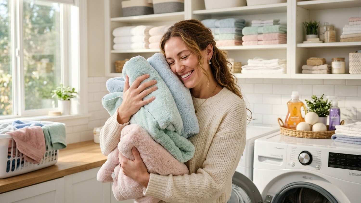 Fresh folded towels being held after washing and drying.
