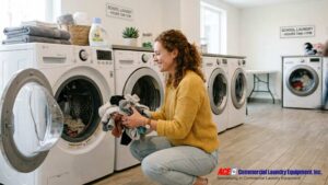 Student loading clothes into a commercial front-load washer in a school laundry room.
