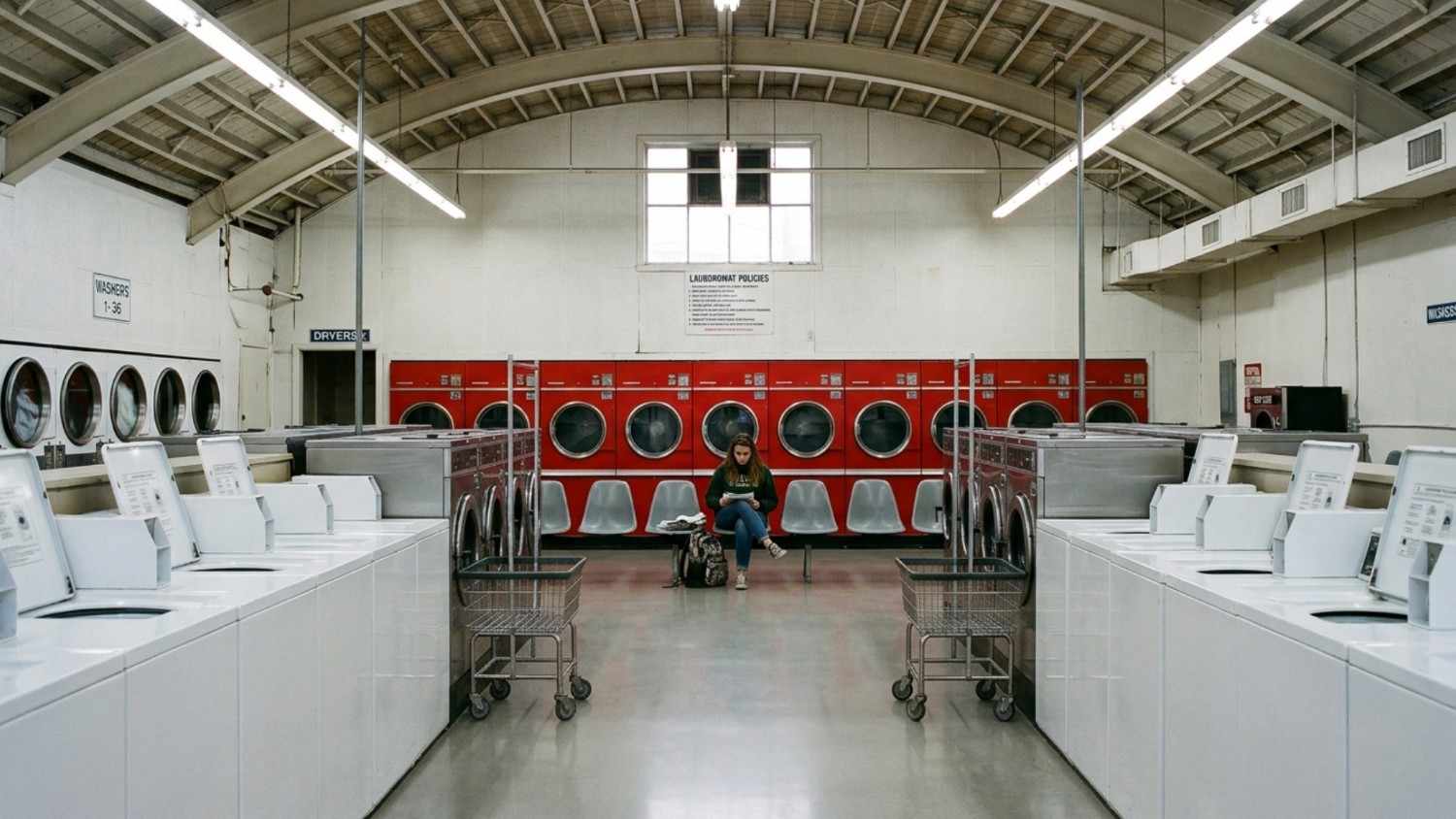 Shared commercial laundry room with rows of washers, dryers, and seating for users.