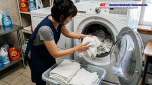 Person handling freshly washed towels beside a laundry machine.