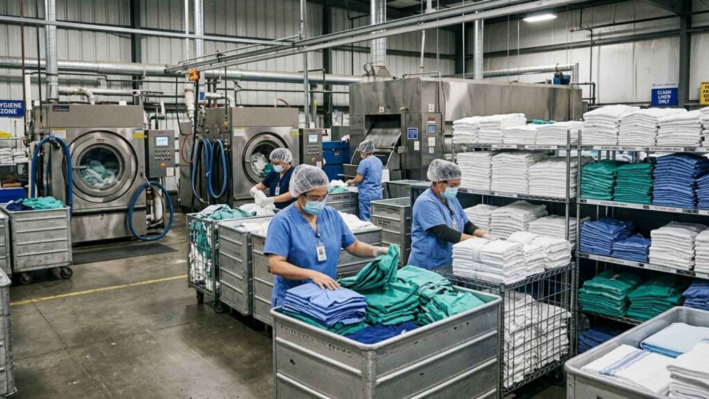 Healthcare laundry staff sorting clean medical linens.