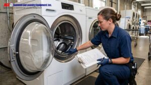 Technician inspecting commercial laundry equipment in a hotel laundry facility.