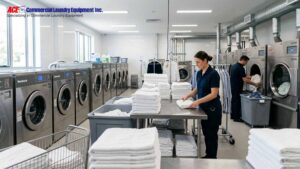 Commercial hotel laundry facility with staff organizing clean linens and operating laundry equipment.